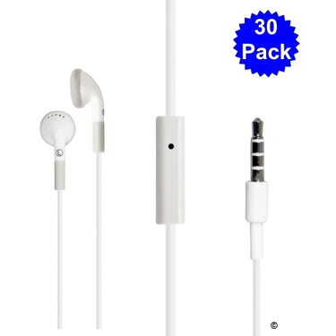 Hamilton 30 Pack Apple-Compatible Ear Buds with in-line microphone and volume control for bulk school headphones.